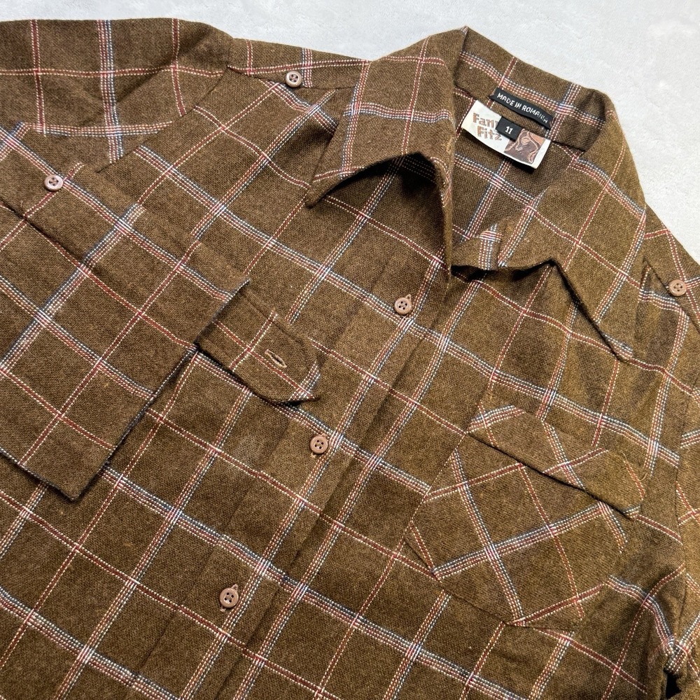 VTG 60s 70s Fanny Fritz Plaid Shirt Jacket Western Brown Blue M Cuff Straps